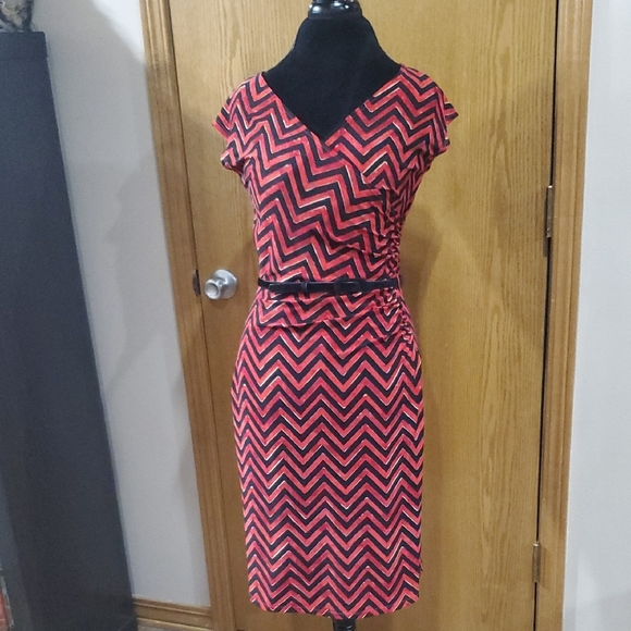 Ralph Lauren Red and Black Zigzag Midi Dress - Picture 1 of 9